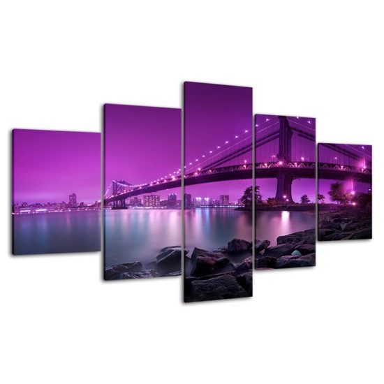 Purple Dawn Modern City Bridge Landscape 5 Piece Five Panel Wall Canvas Print Modern Art Poster Wall Art Decor 4