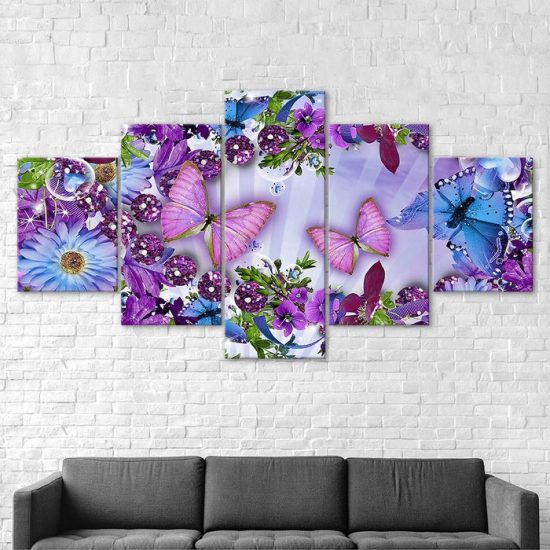 Purple Flowers Butterflies Glowing Scenery 5 Piece Five Panel Wall Canvas Print Modern Art Poster Wall Art Decor 2