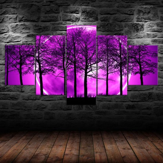 Purple Full Moon Lunar Eclipse Night View Forest Trees 5 Piece Five Panel Wall Canvas Print Modern Poster Wall Art Decor 1