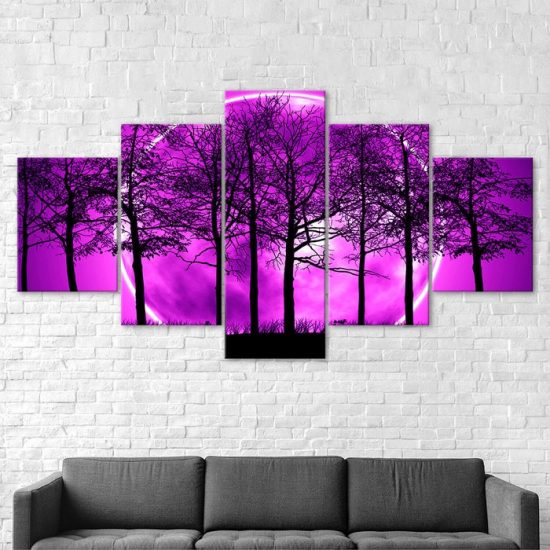 Purple Full Moon Lunar Eclipse Night View Forest Trees 5 Piece Five Panel Wall Canvas Print Modern Poster Wall Art Decor 2