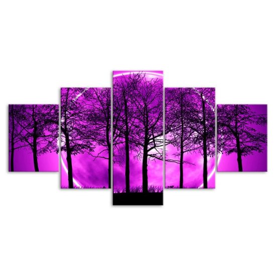 Purple Full Moon Lunar Eclipse Night View Forest Trees 5 Piece Five Panel Wall Canvas Print Modern Poster Wall Art Decor 3