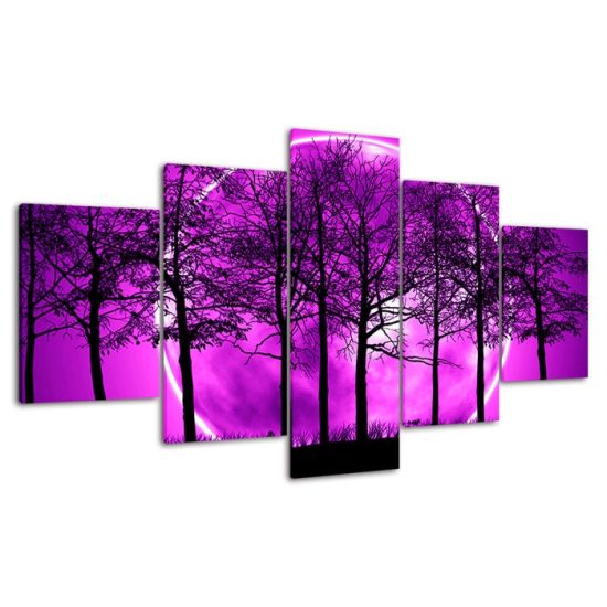 Purple Full Moon Lunar Eclipse Night View Forest Trees 5 Piece Five Panel Wall Canvas Print Modern Poster Wall Art Decor 4