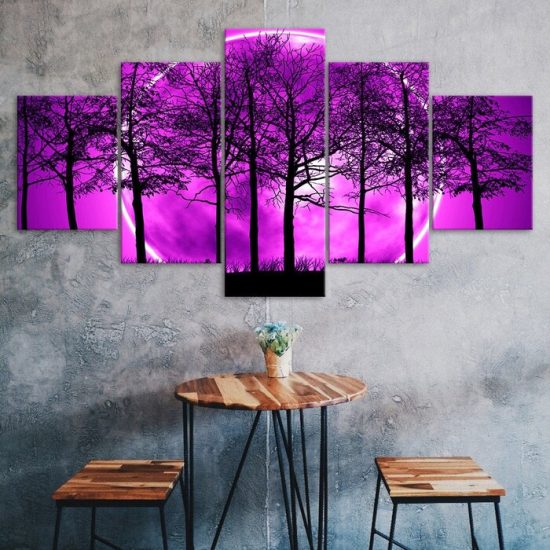 Purple Full Moon Lunar Eclipse Night View Forest Trees 5 Piece Five Panel Wall Canvas Print Modern Poster Wall Art Decor