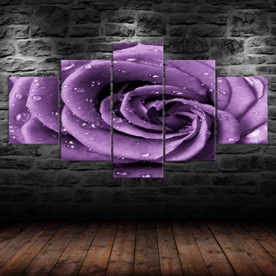 Purple Rose Flower Mist Drops 5 Piece Five Panel Wall Canvas Print Modern Art Poster Wall Art Decor 1
