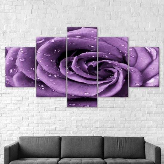 Purple Rose Flower Mist Drops 5 Piece Five Panel Wall Canvas Print Modern Art Poster Wall Art Decor 2