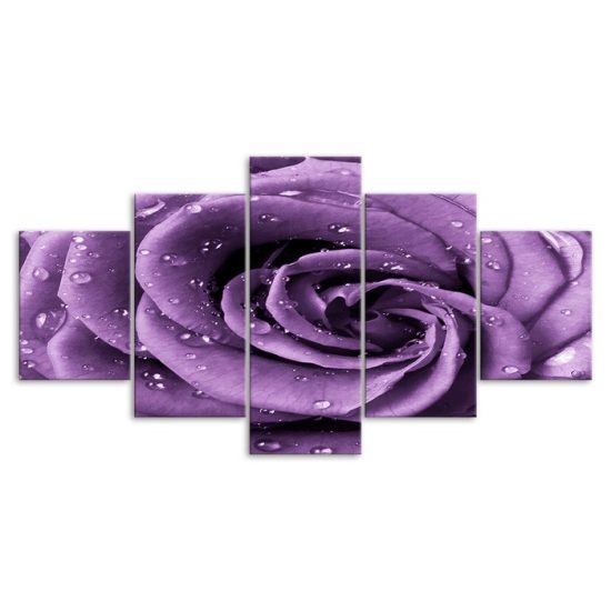 Purple Rose Flower Mist Drops 5 Piece Five Panel Wall Canvas Print Modern Art Poster Wall Art Decor 3