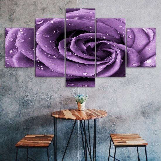 Purple Rose Flower Mist Drops 5 Piece Five Panel Wall Canvas Print Modern Art Poster Wall Art Decor