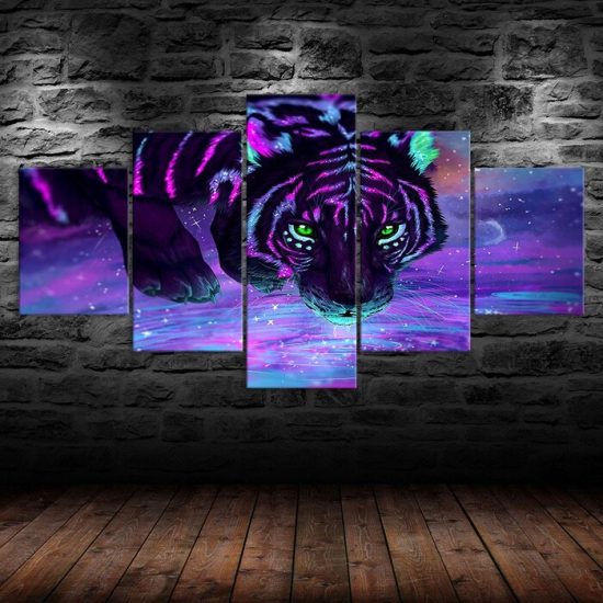 Purple Tiger Animal Fantasy World Abstract Painting 5 Piece Five Panel Canvas Print Modern Poster Wall Art Decor 1 1