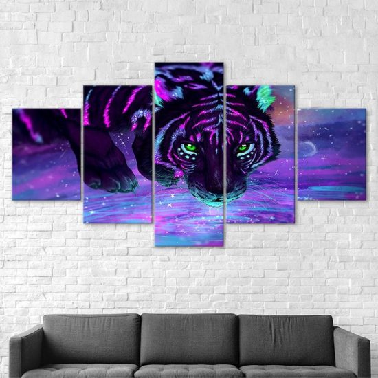 Purple Tiger Animal Fantasy World Abstract Painting 5 Piece Five Panel Canvas Print Modern Poster Wall Art Decor 2 1