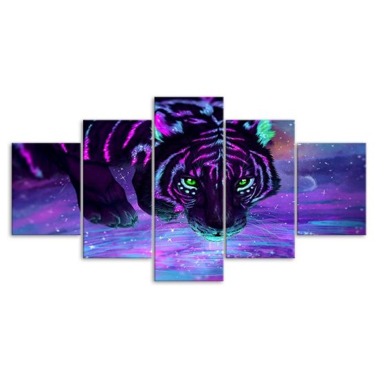 Purple Tiger Animal Fantasy World Abstract Painting 5 Piece Five Panel Canvas Print Modern Poster Wall Art Decor 3 1