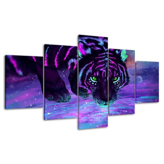 Purple Tiger Animal Fantasy World Abstract Painting 5 Piece Five Panel Canvas Print Modern Poster Wall Art Decor 4 1