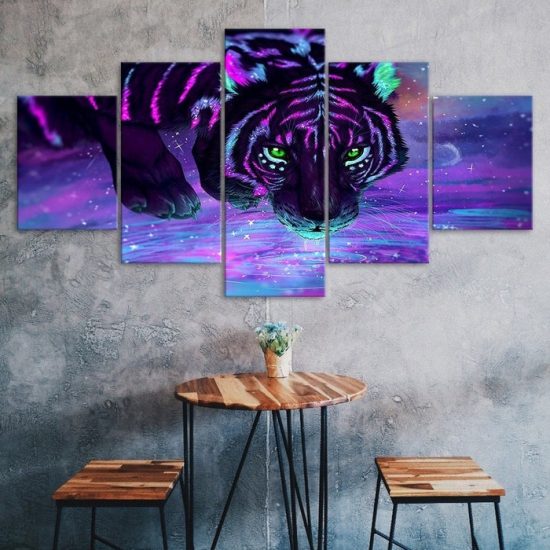 Purple Tiger Animal Fantasy World Abstract Painting 5 Piece Five Panel Canvas Print Modern Poster Wall Art Decor