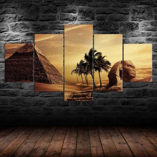 Pyramid Egypt Androsphinx Sunset Canvas 5 Piece Five Panel Wall Print Modern Art Poster Wall Art Decor 1