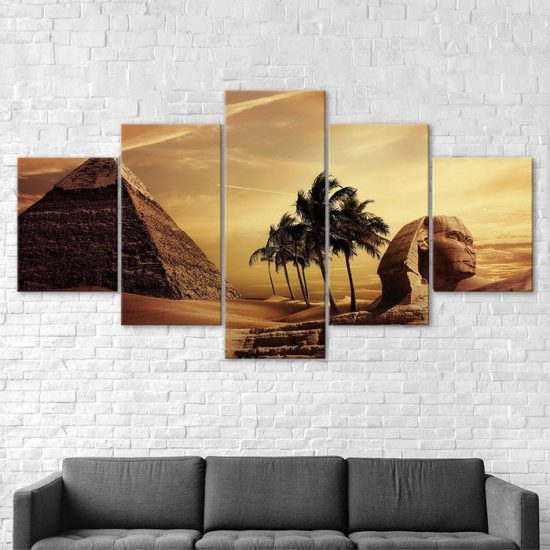 Pyramid Egypt Androsphinx Sunset Canvas 5 Piece Five Panel Wall Print Modern Art Poster Wall Art Decor 2