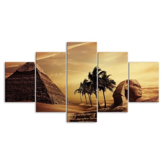 Pyramid Egypt Androsphinx Sunset Canvas 5 Piece Five Panel Wall Print Modern Art Poster Wall Art Decor 3