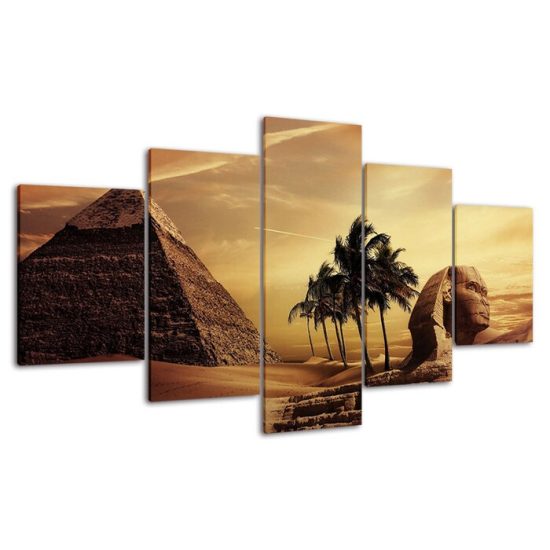 Pyramid Egypt Androsphinx Sunset Canvas 5 Piece Five Panel Wall Print Modern Art Poster Wall Art Decor 4