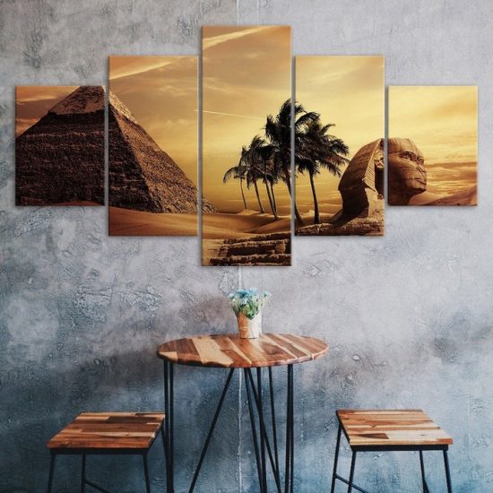 Pyramid Egypt Androsphinx Sunset Canvas 5 Piece Five Panel Wall Print Modern Art Poster Wall Art Decor