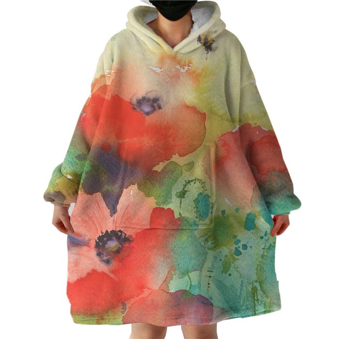 Red Flowers & Green Leaves Watercolor Painting Hoodie Wearable Blanket WB0704