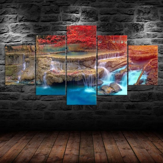 Red Leaf Tree Waterfall Nature Scenery 5 Piece Five Panel Wall Canvas Print Modern Poster Wall Art Decor 1