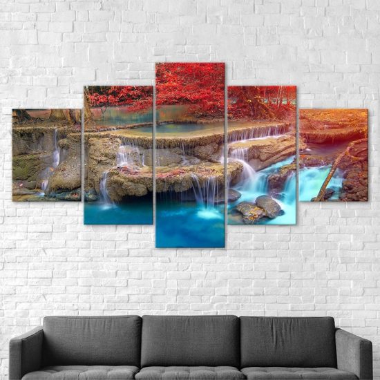 Red Leaf Tree Waterfall Nature Scenery 5 Piece Five Panel Wall Canvas Print Modern Poster Wall Art Decor 2