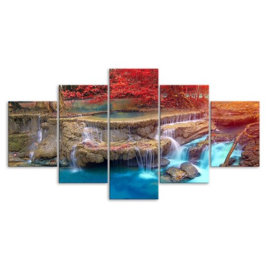 Red Leaf Tree Waterfall Nature Scenery 5 Piece Five Panel Wall Canvas Print Modern Poster Wall Art Decor 3