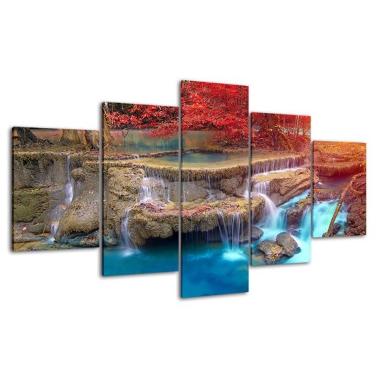 Red Leaf Tree Waterfall Nature Scenery 5 Piece Five Panel Wall Canvas Print Modern Poster Wall Art Decor 4
