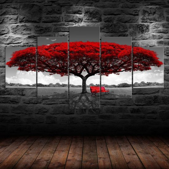 Red Leaves Tree on Field Canvas 5 Piece Five Panel Wall Print Modern Art Poster Wall Art Decor 1