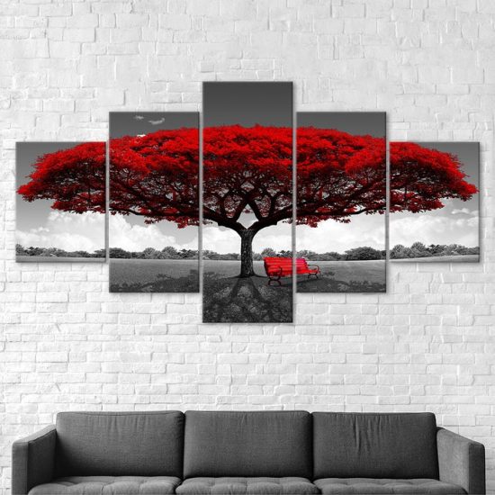 Red Leaves Tree on Field Canvas 5 Piece Five Panel Wall Print Modern Art Poster Wall Art Decor 2