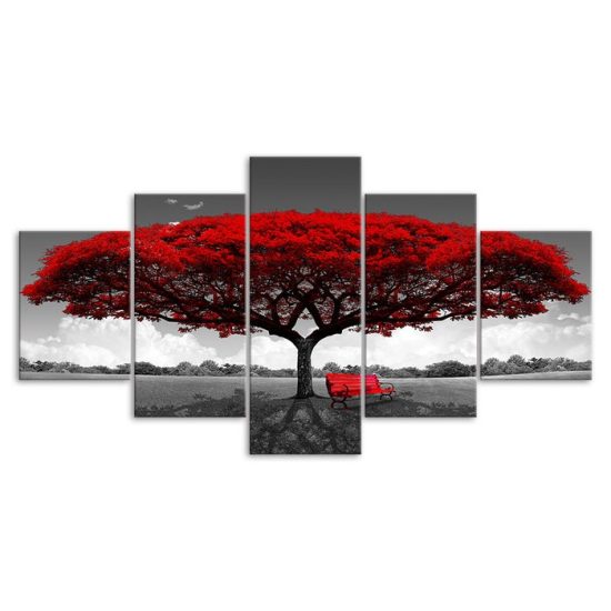 Red Leaves Tree on Field Canvas 5 Piece Five Panel Wall Print Modern Art Poster Wall Art Decor 3