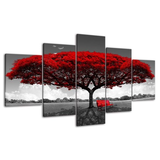 Red Leaves Tree on Field Canvas 5 Piece Five Panel Wall Print Modern Art Poster Wall Art Decor 4