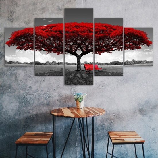 Red Leaves Tree on Field Canvas 5 Piece Five Panel Wall Print Modern Art Poster Wall Art Decor