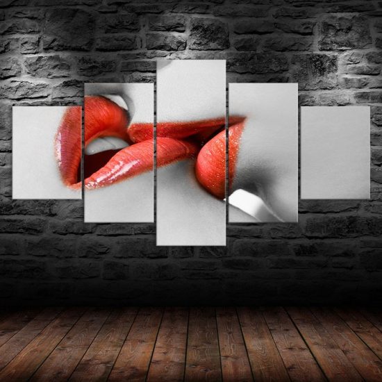Red Lips Kissing Romantic Scenery 5 Piece Five Panel Canvas Print Modern Poster Wall Art Decor 1