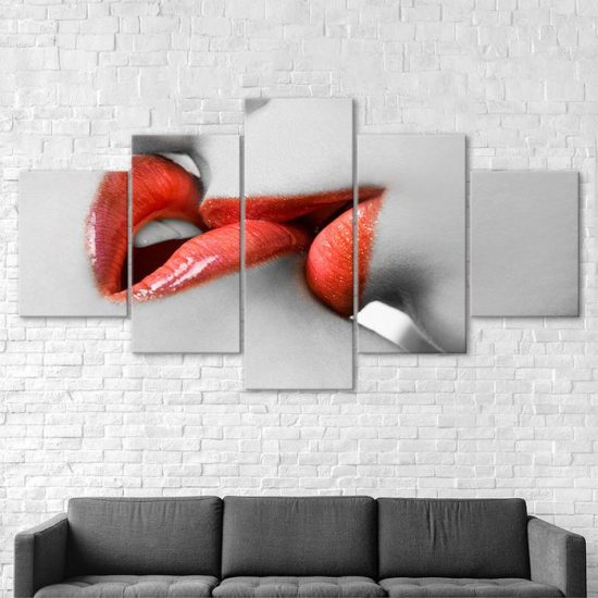 Red Lips Kissing Romantic Scenery 5 Piece Five Panel Canvas Print Modern Poster Wall Art Decor 2