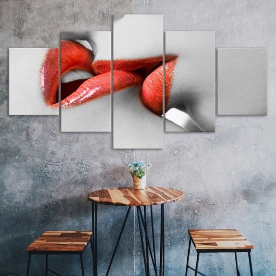 Red Lips Kissing Romantic Scenery 5 Piece Five Panel Canvas Print Modern Poster Wall Art Decor