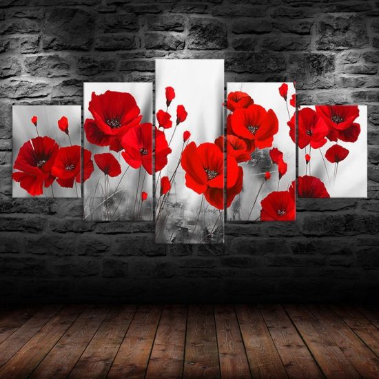 Red Poppy Flower Plant Abstract Scene 5 Piece Five Panel Wall Canvas Print Modern Art Poster Wall Art Decor 1