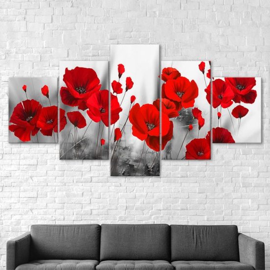 Red Poppy Flower Plant Abstract Scene 5 Piece Five Panel Wall Canvas Print Modern Art Poster Wall Art Decor 2