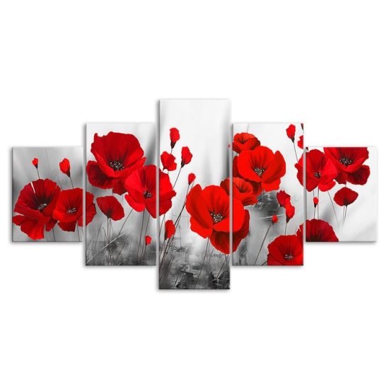 Red Poppy Flower Plant Abstract Scene 5 Piece Five Panel Wall Canvas Print Modern Art Poster Wall Art Decor 3