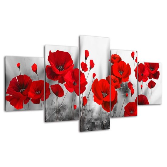 Red Poppy Flower Plant Abstract Scene 5 Piece Five Panel Wall Canvas Print Modern Art Poster Wall Art Decor 4