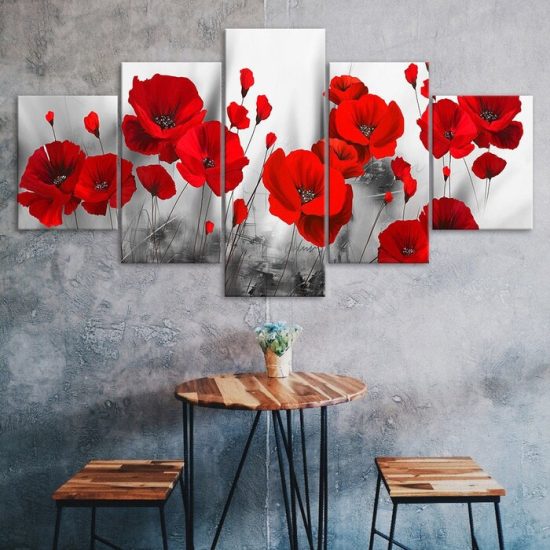 Red Poppy Flower Plant Abstract Scene 5 Piece Five Panel Wall Canvas Print Modern Art Poster Wall Art Decor