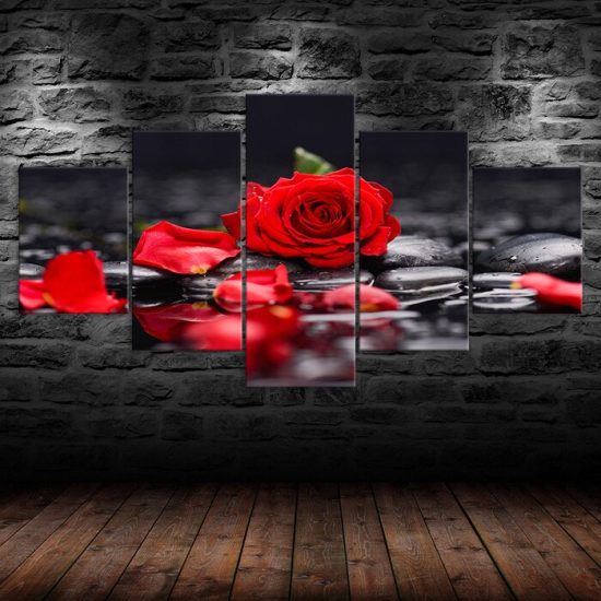 Red Rose Flower Black Stones Water Reflection 5 Piece Five Panel Wall Canvas Print Modern Art Poster Wall Art Decor 1