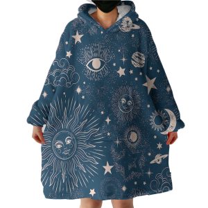 Retro Cream Sun Moon Star Sketch Galaxy Navy Theme Hoodie Wearable Blanket WB0383
