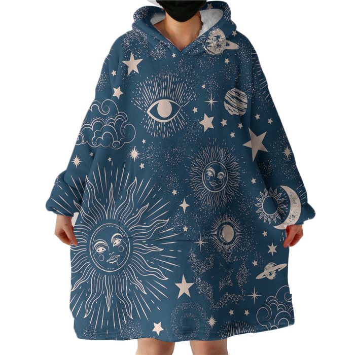 Retro Cream Sun Moon Star Sketch Galaxy Navy Theme Hoodie Wearable Blanket WB0383