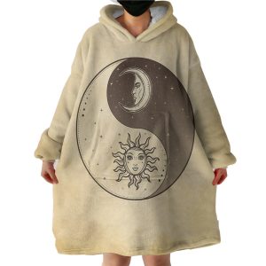 Retro Yin Yang Sun and Moon Face Hoodie Wearable Blanket WB0384
