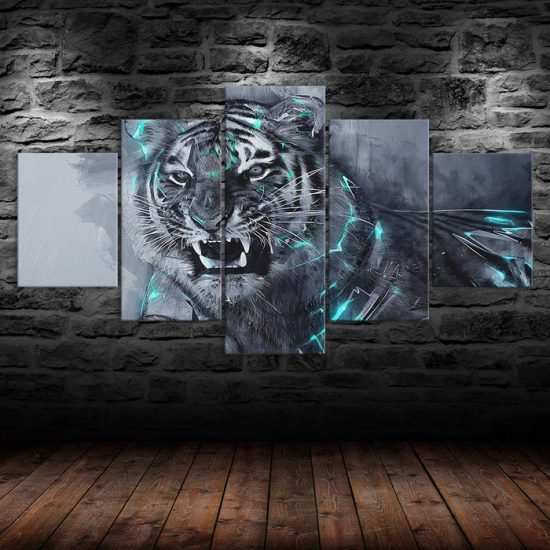 Roaring White Tiger Animal Abstract Scene 5 Piece Five Panel Wall Canvas Print Modern Art Poster Wall Art Decor 1