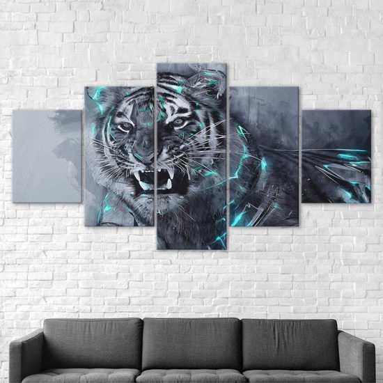 Roaring White Tiger Animal Abstract Scene 5 Piece Five Panel Wall Canvas Print Modern Art Poster Wall Art Decor 2