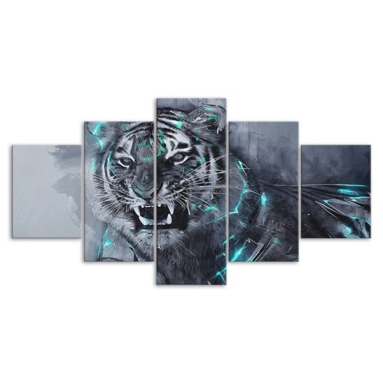 Roaring White Tiger Animal Abstract Scene 5 Piece Five Panel Wall Canvas Print Modern Art Poster Wall Art Decor 3