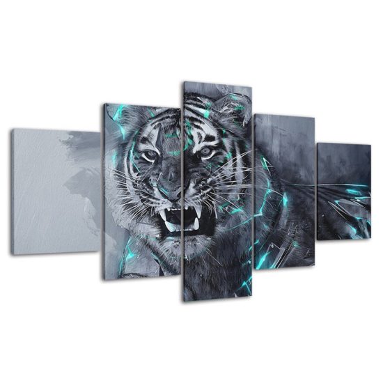 Roaring White Tiger Animal Abstract Scene 5 Piece Five Panel Wall Canvas Print Modern Art Poster Wall Art Decor 4
