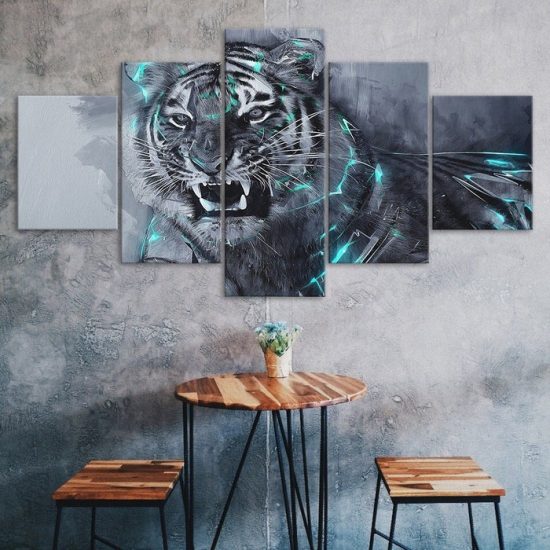 Roaring White Tiger Animal Abstract Scene 5 Piece Five Panel Wall Canvas Print Modern Art Poster Wall Art Decor