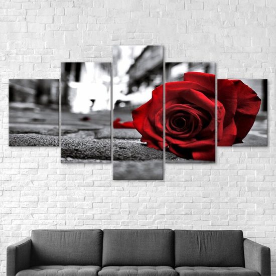 Romantic Red Rose Flower 5 Piece Five Panel Wall Canvas Print Modern Art Poster Wall Art Decor 2