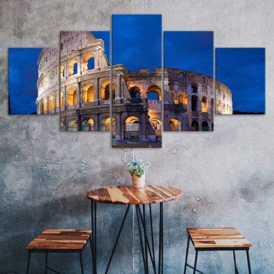 Rome Italy Colosseum Night View Scenery 5 Piece Five Panel Wall Canvas Print Modern Art Poster Wall Art Decor